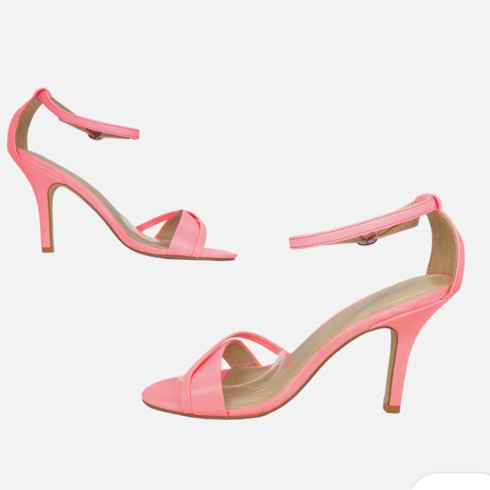 Express Heels Neon Florescent Hot Melon Strappy Ankle Buckle Stiletto Summer